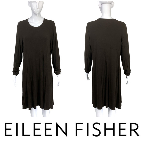 Eileen Fisher Sz L Brown Scoop Neck Dress Viscose Knit Lagenlook Minimalist F4VH - Picture 1 of 7